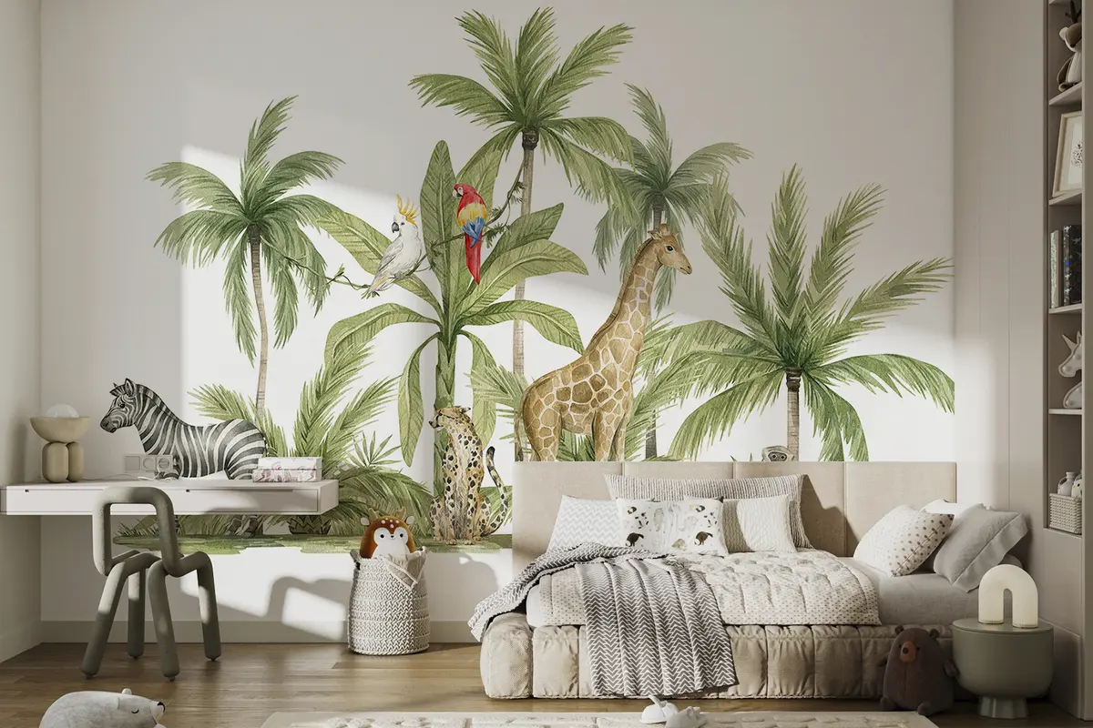Фототапет Сафари животни, жираф, леопард, маймуна, зебра, палми, рисунка с молив, папагали w00085