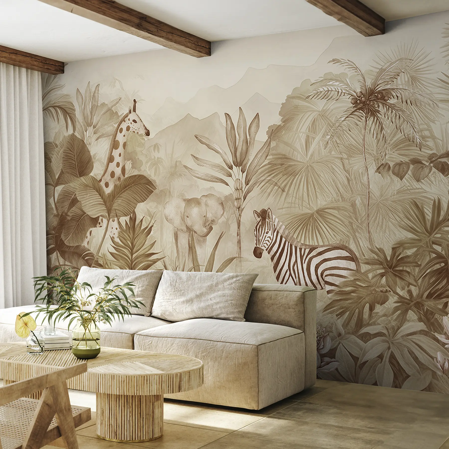Фототапет Джунглата гора, палми, жираф, слон, зебра, акварел, бежов цвят, бананово дърво, цветя w00089v1