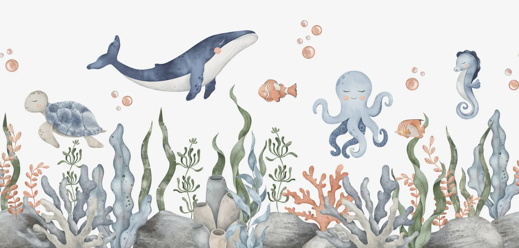 Фототапет Подводен свят с кит, октопод, костенурка w00383