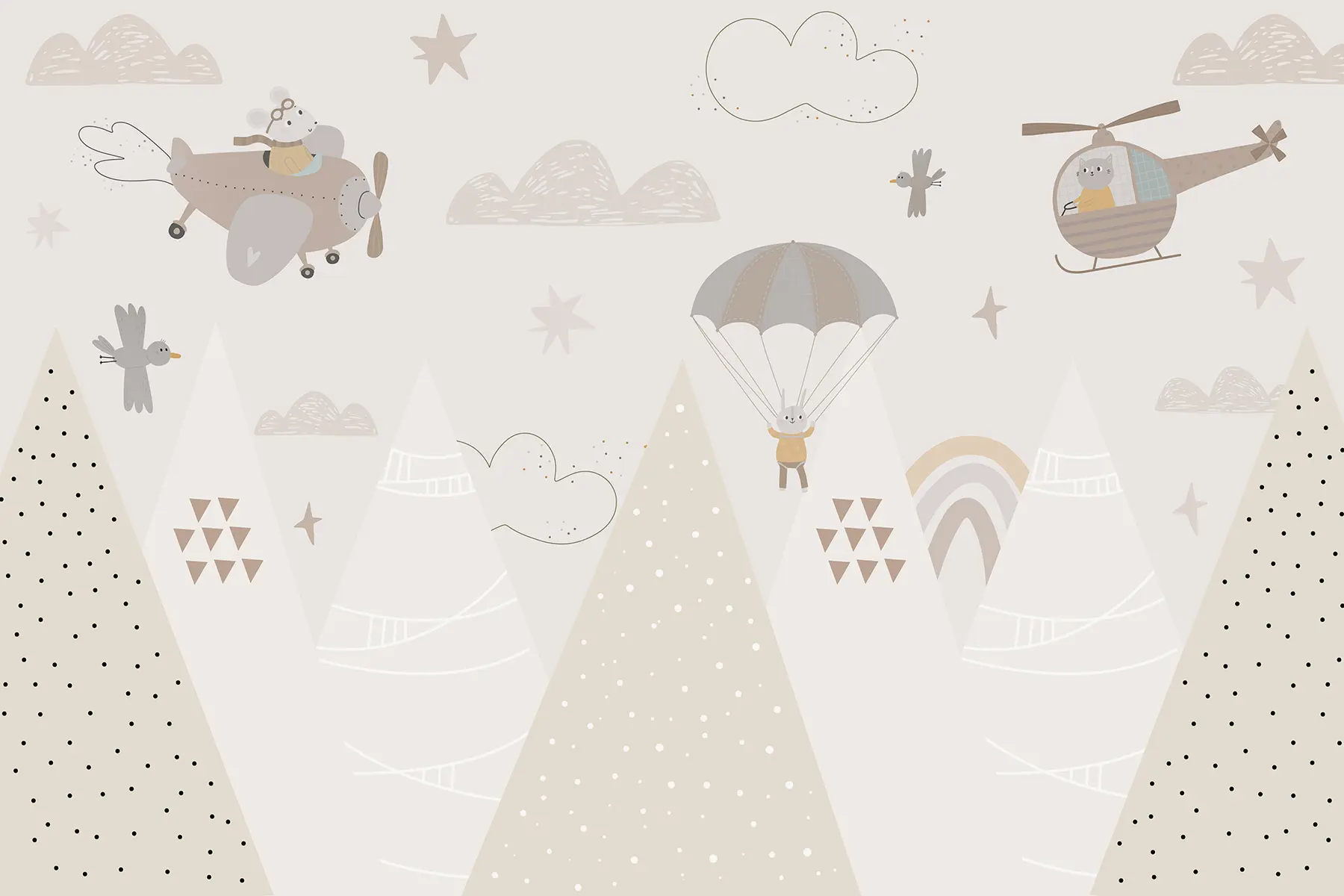 Фототапет Бежови планини с хеликоптер, самолет и животни w00414