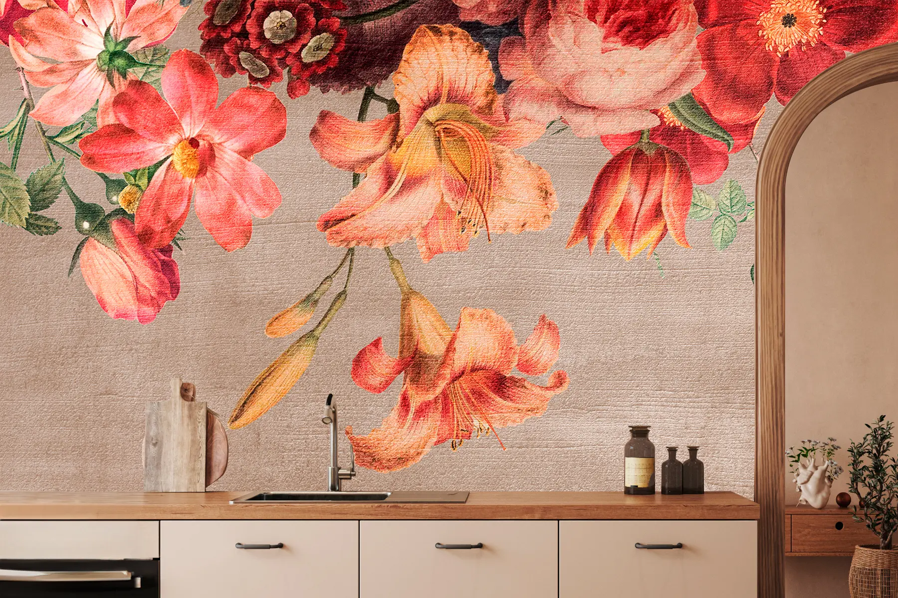 Фототапет Ботаническа илюстрация букет от цветя натюрморт на кафяв фон  w00427