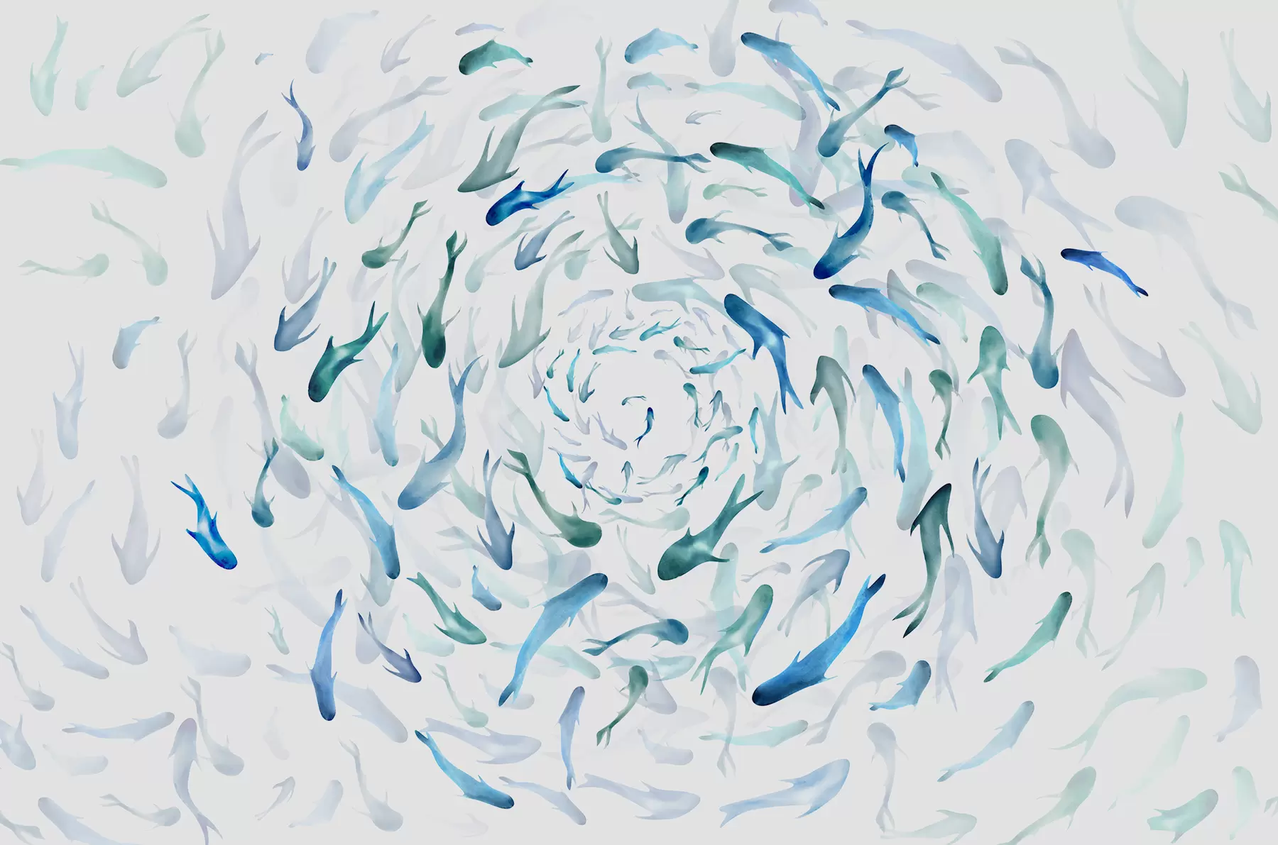 Фототапет Риба се върти във водовъртеж, рибен танц, акварел, акула, абстрактна композиция, минимализъм, син, зелен цвят w00510