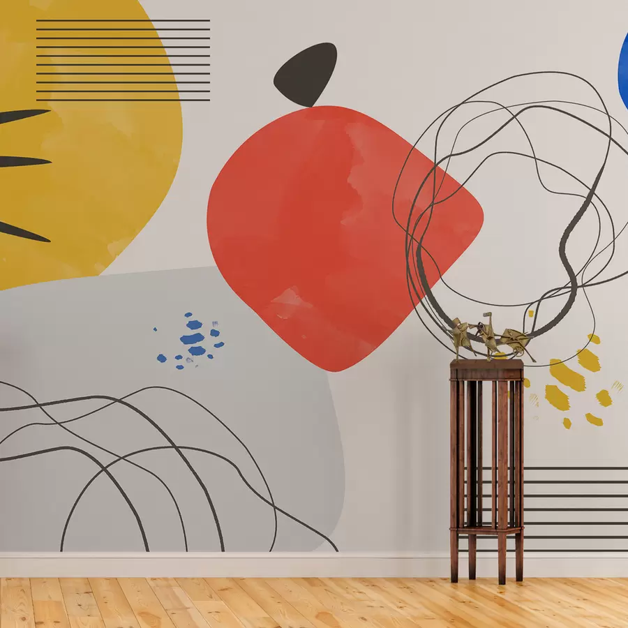 Фототапет Модерна абстракция, светло петно, бохо, геометрия, топография, криви, линии, червено, жълто, синьо, черно w00514