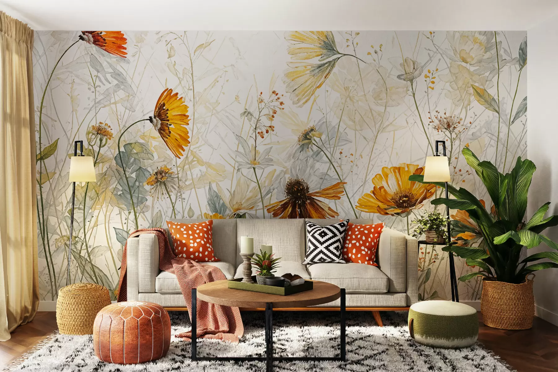 Фототапет Поле от живи цветя на мек, мъглив фон с деликатни бели цветя и тънка трева w00708