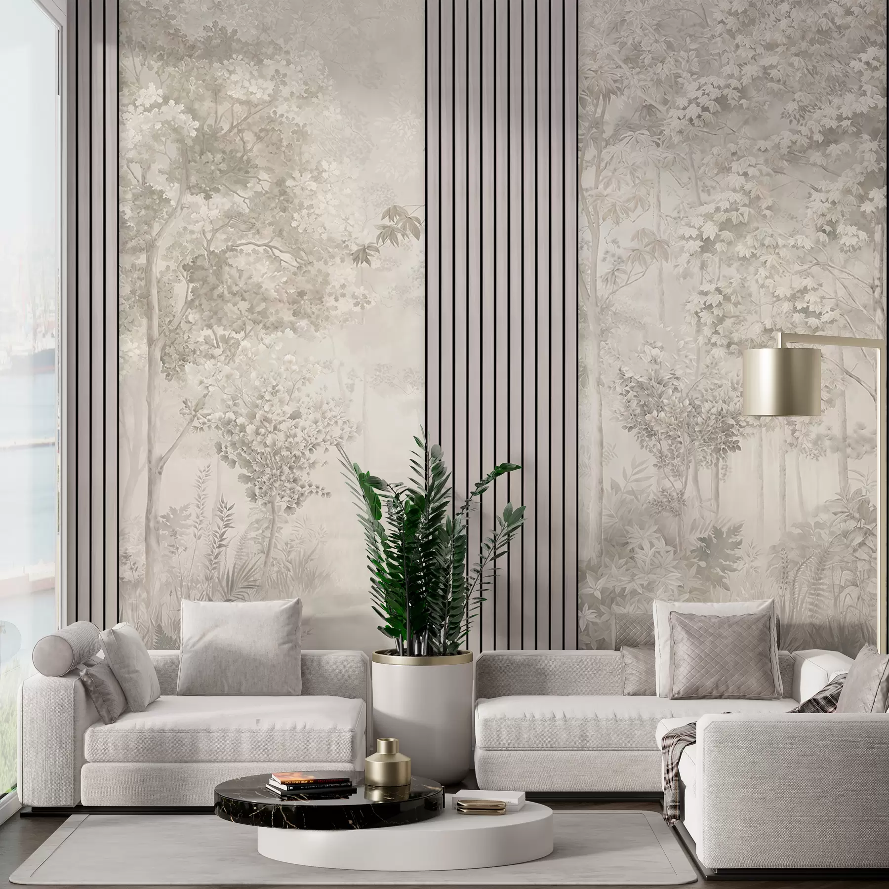 Фототапет Дървени панели и нежна гора в пастелни цветове w00670