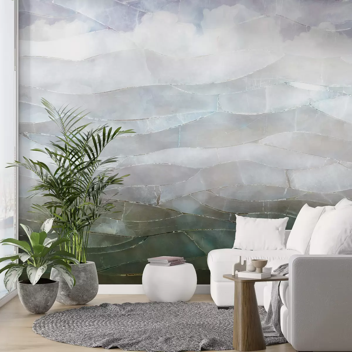 Фототапет Текстуриран мъглив, хълмист абстрактен градиентен пейзаж с подвижни зелени полета през мъглата w00795