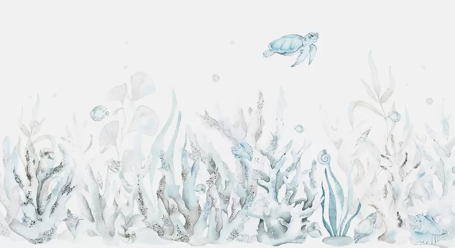 Фототапет Акварел морски корали, раковини, костенурка, морски живот, меки сини цветове w00849