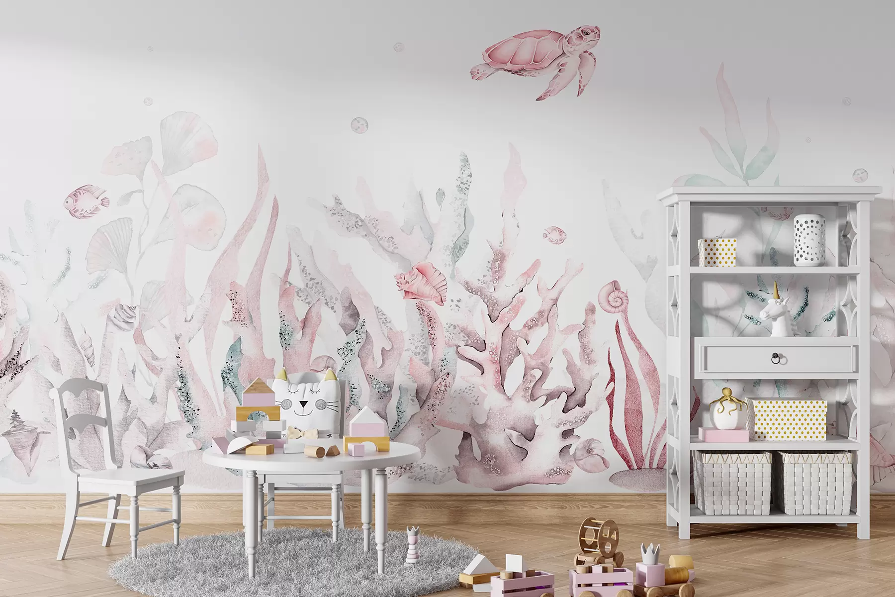 Фототапет Акварел морски корали, раковини, костенурка, морски обитатели, меки розови цветове w00849v2