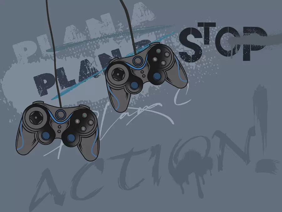 Фототапет Детски тапет за тийнейджъри с джойстици и графичен надпис в синьо w00829