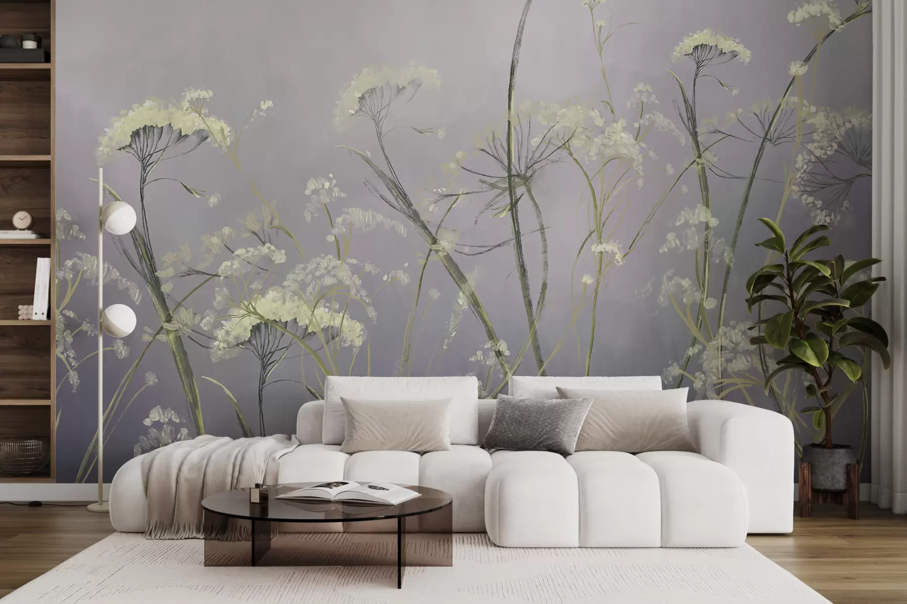 Фототапет Бели диви цветя в мъгливо поле с мек, размазан сив фон w00903