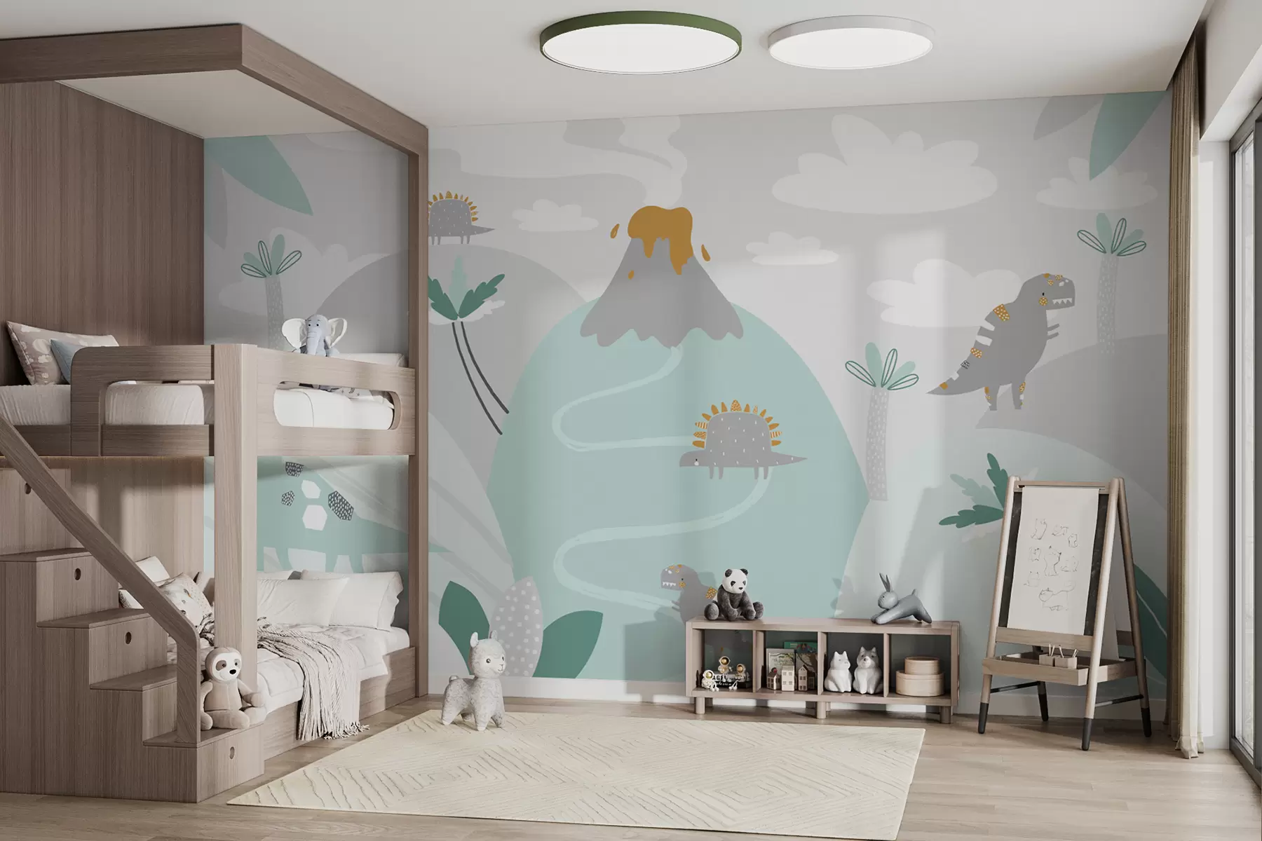 Фототапет планини, вулкан и динозаври в сини тонове w00937