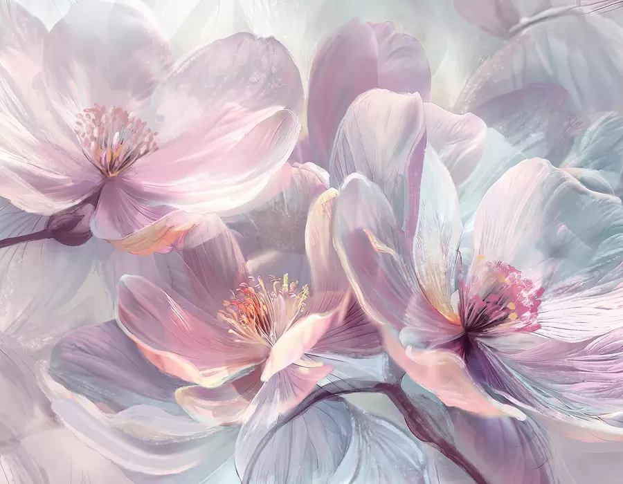 Фототапет Деликатни прозрачни пастелни неоново светлорозови и бели цветя с мек, размазан фон w01307