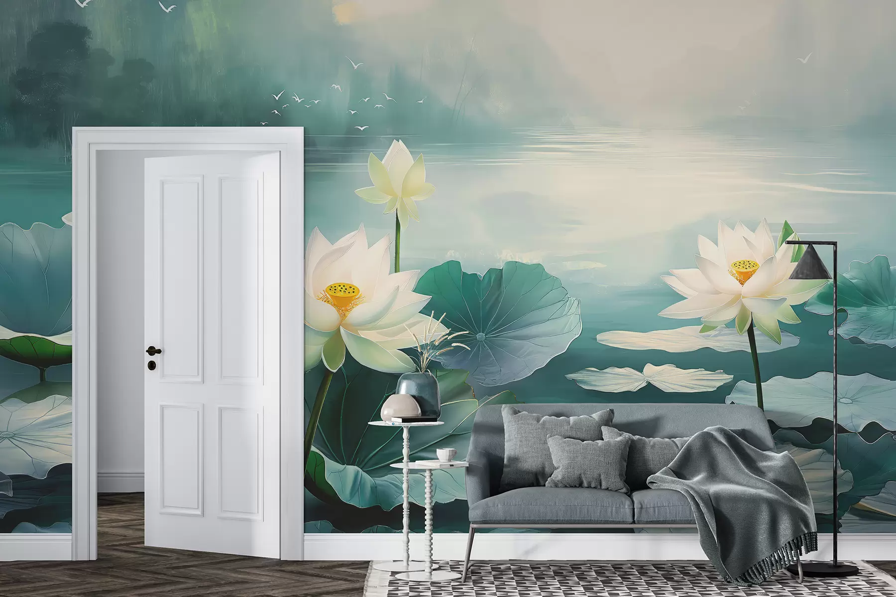 Фототапет Водни лилии на езерото, акрилна рисунка, природа, зелени и сини цветове w07958v1