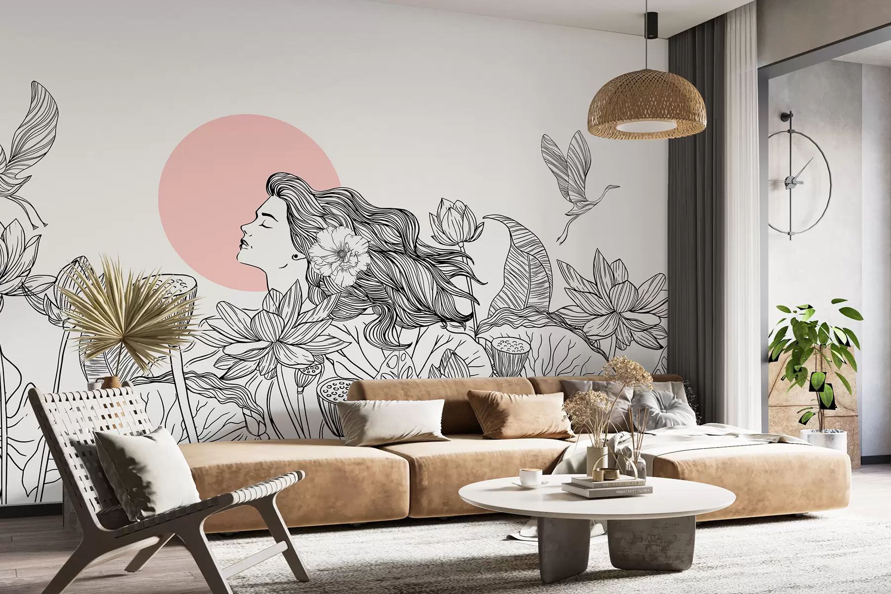 Фототапет Жена в природата, чертеж, лотосови цветя, големи листа, летящи птици, черен и розов цвят w07988v5