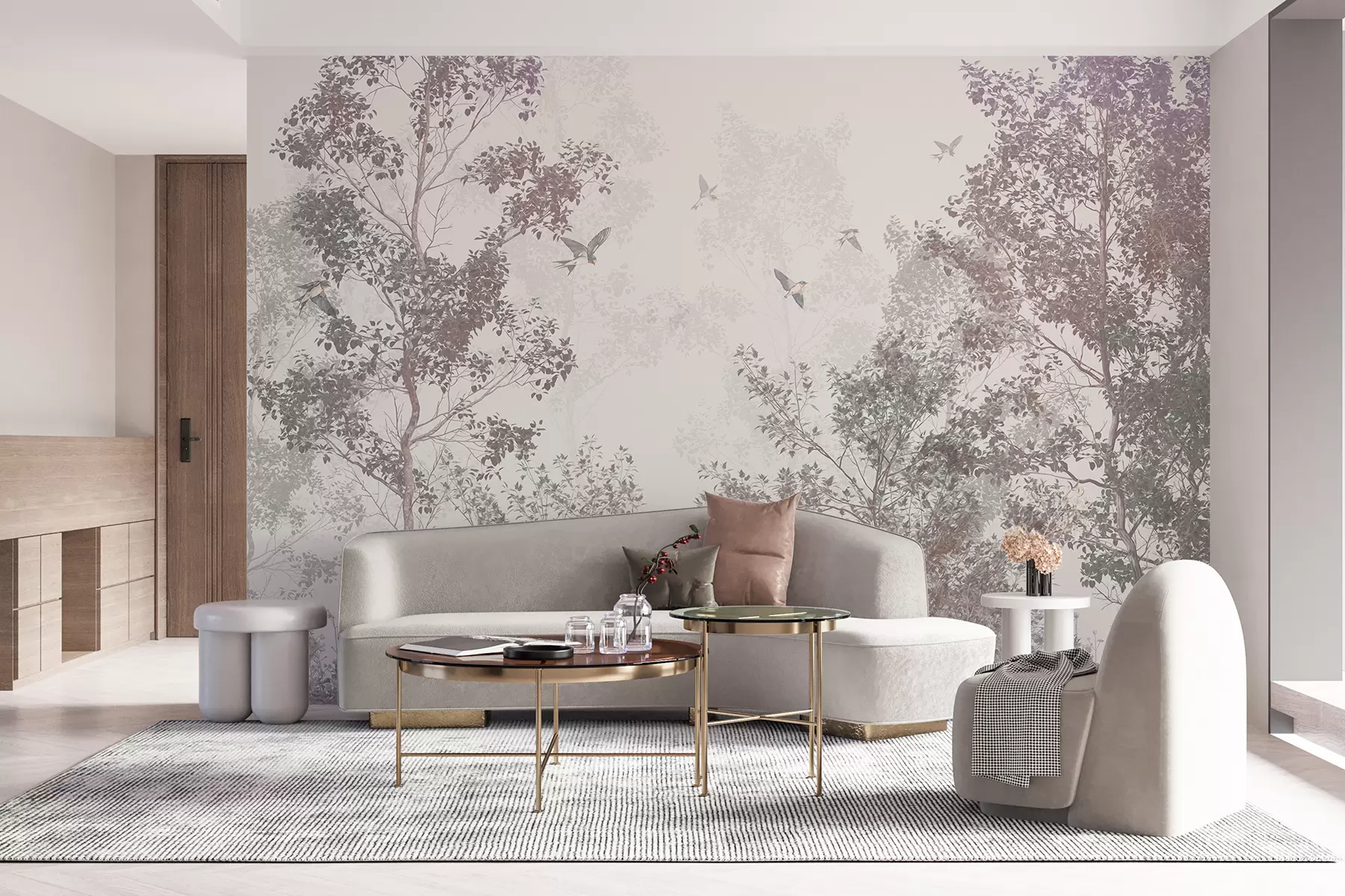 Фототапет Дървета с кафяви и сиви листа и клони с летящи в небето птици, бял фон w07982