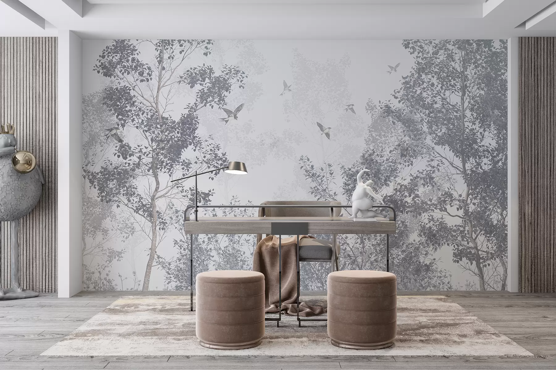 Фототапет Дървета със сиви листа и клони с летящи птици в небето, бял фон w07982v1