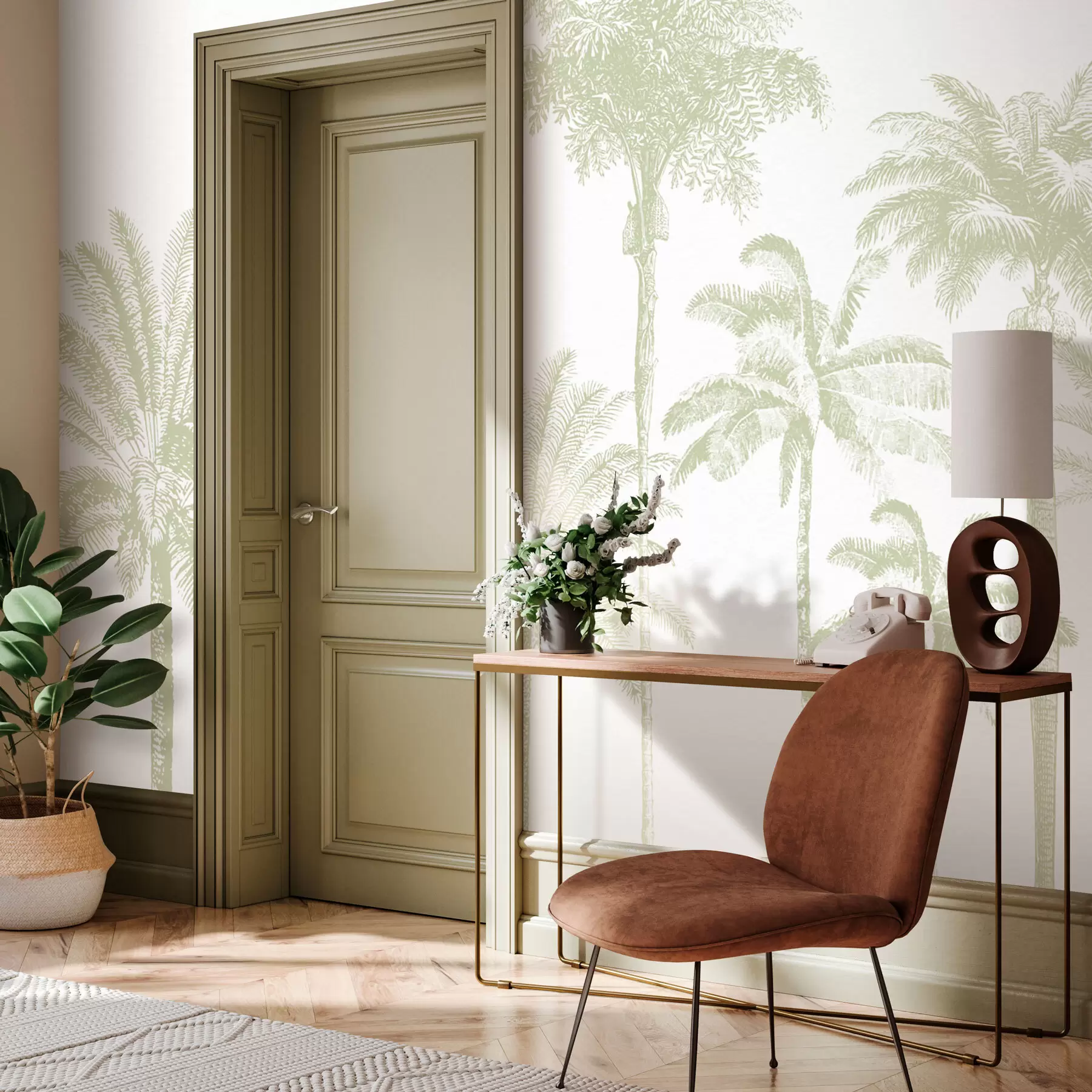 Фототапет Тропически палмови дървета оазис минимален зелен цвят w08111v3