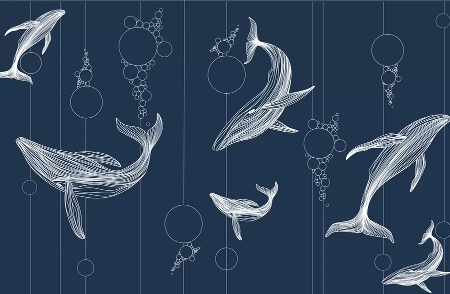 Фототапет Китове и абстракция на син фон w08074v1