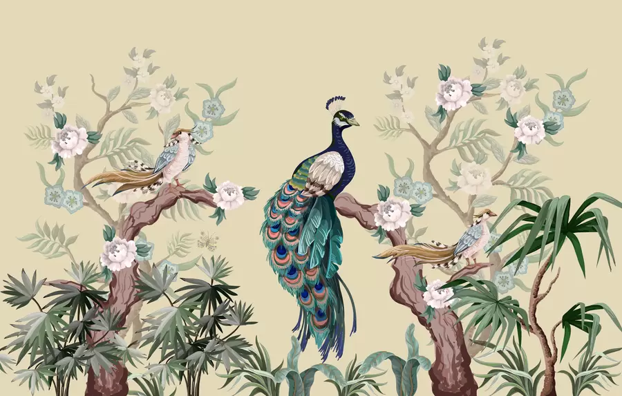 Фототапет паун на дърво, бежов фон w08168