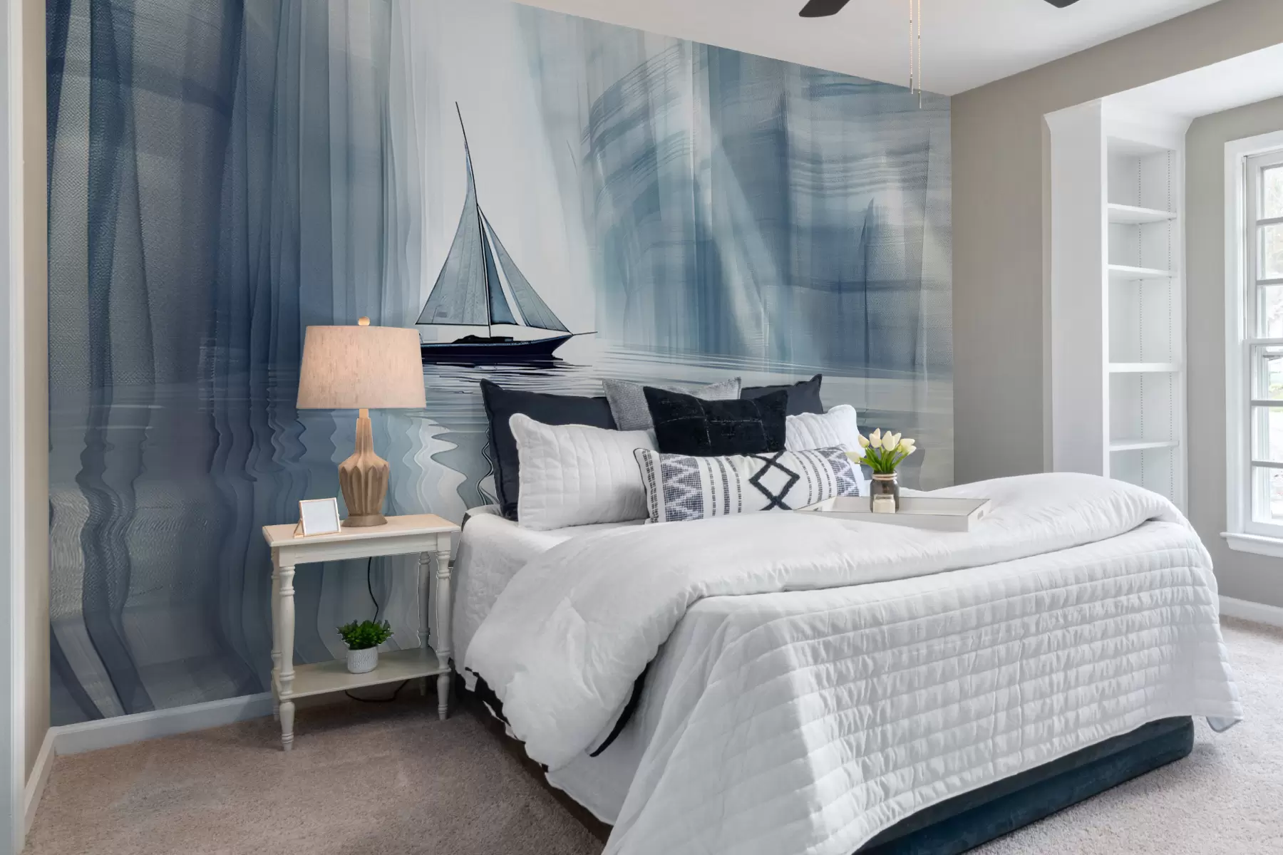 Фототапет Лодка по вода във футуристичен стил със сини цветове w01338