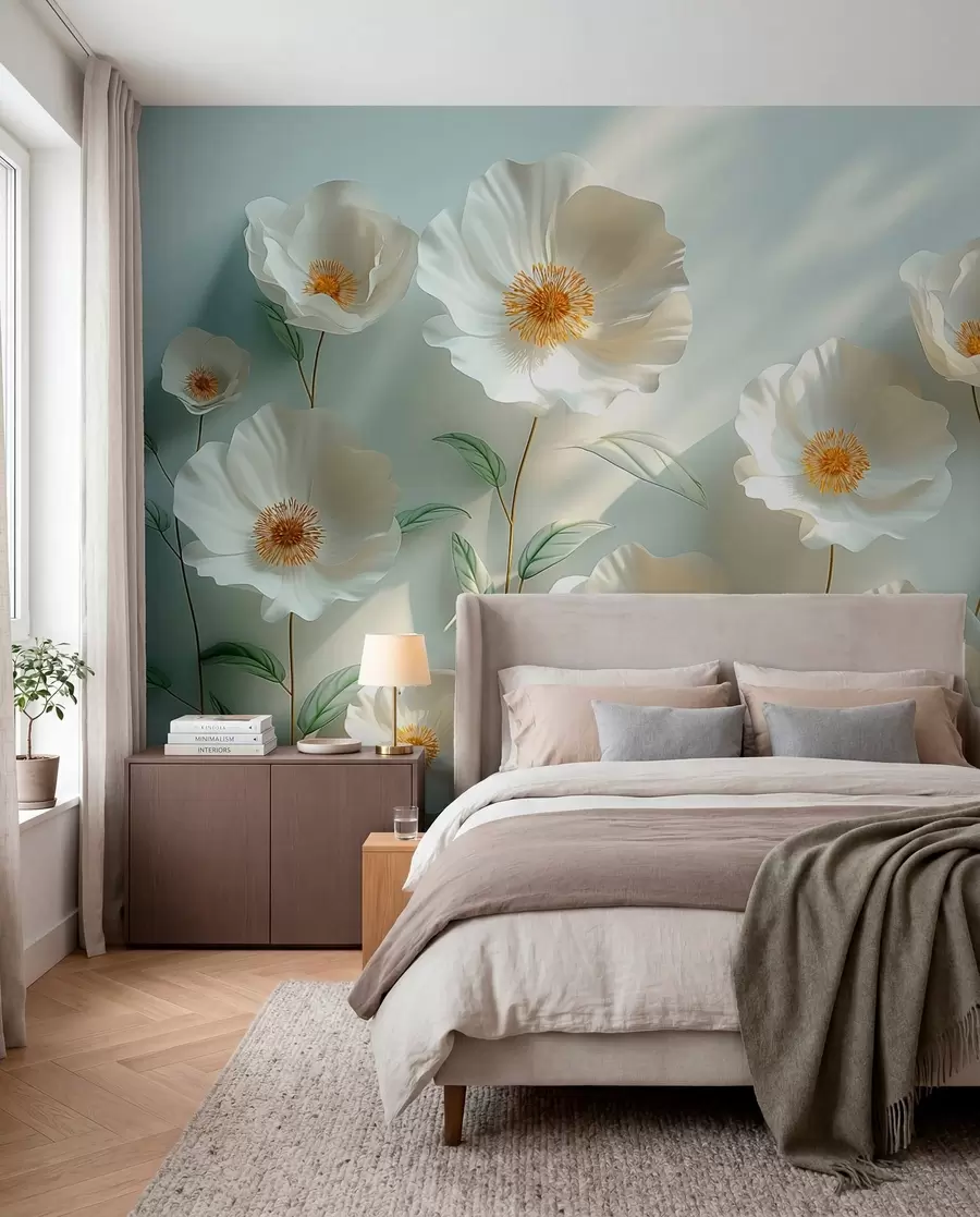 Фототапет Бели макове срещу стена със слънчева светлина и 3D ефект w01339
