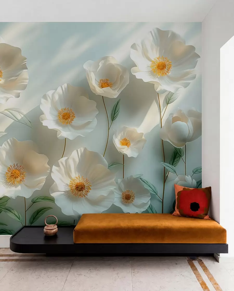 Фототапет Бели макове срещу стена със слънчева светлина и 3D ефект w01339