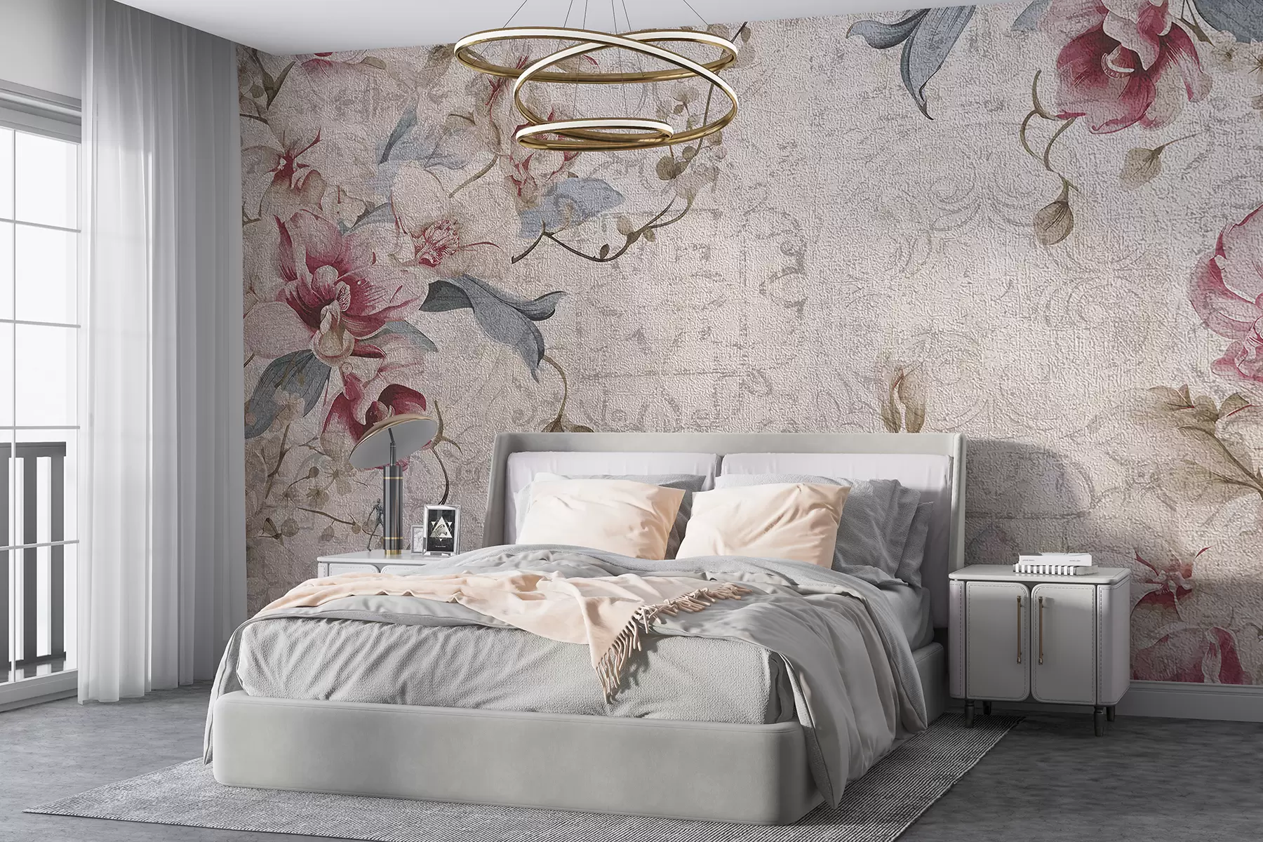 Фототапет Винтидж флорален модел с нежни розови и бели цветя, листа на светло бежов фон w08149