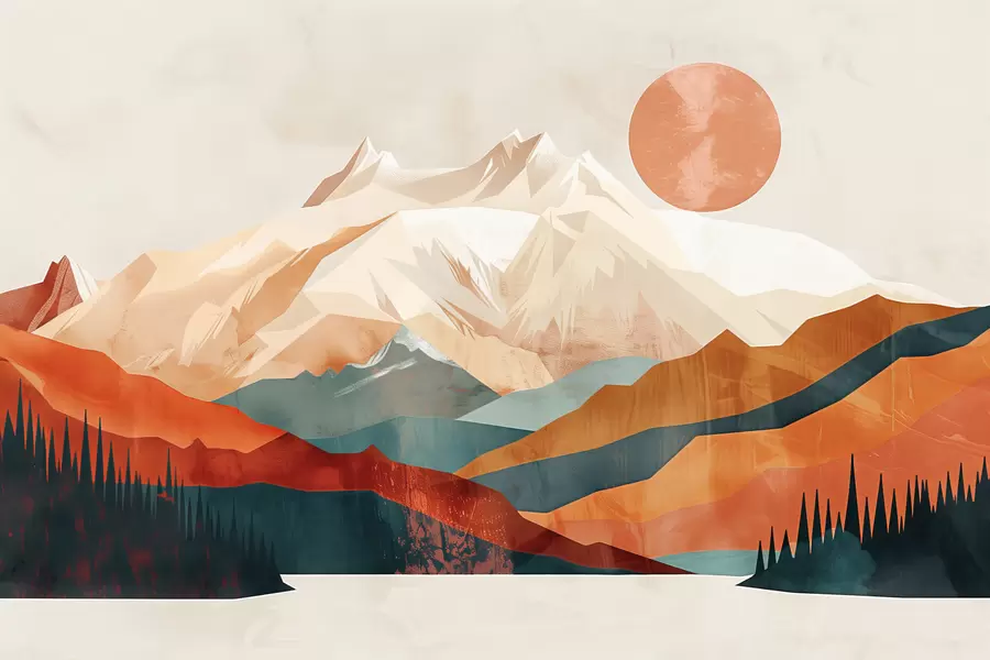 Фототапет Бохо блаженство: спокоен пейзаж от планини, дървета и слънце w01358