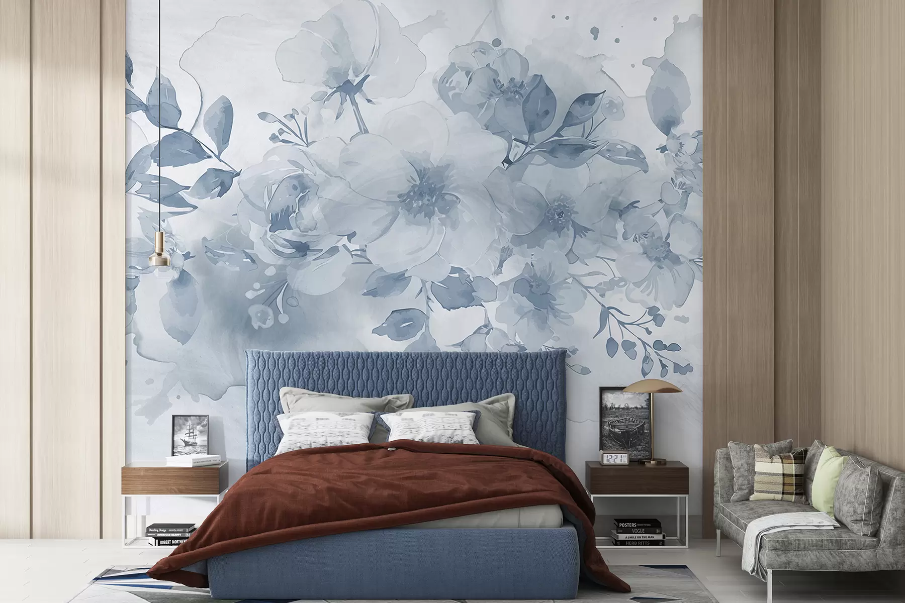 Фототапет Мек, размазан флорален модел в нюанси на сиво и бяло, с нежни цветя и листа w08189