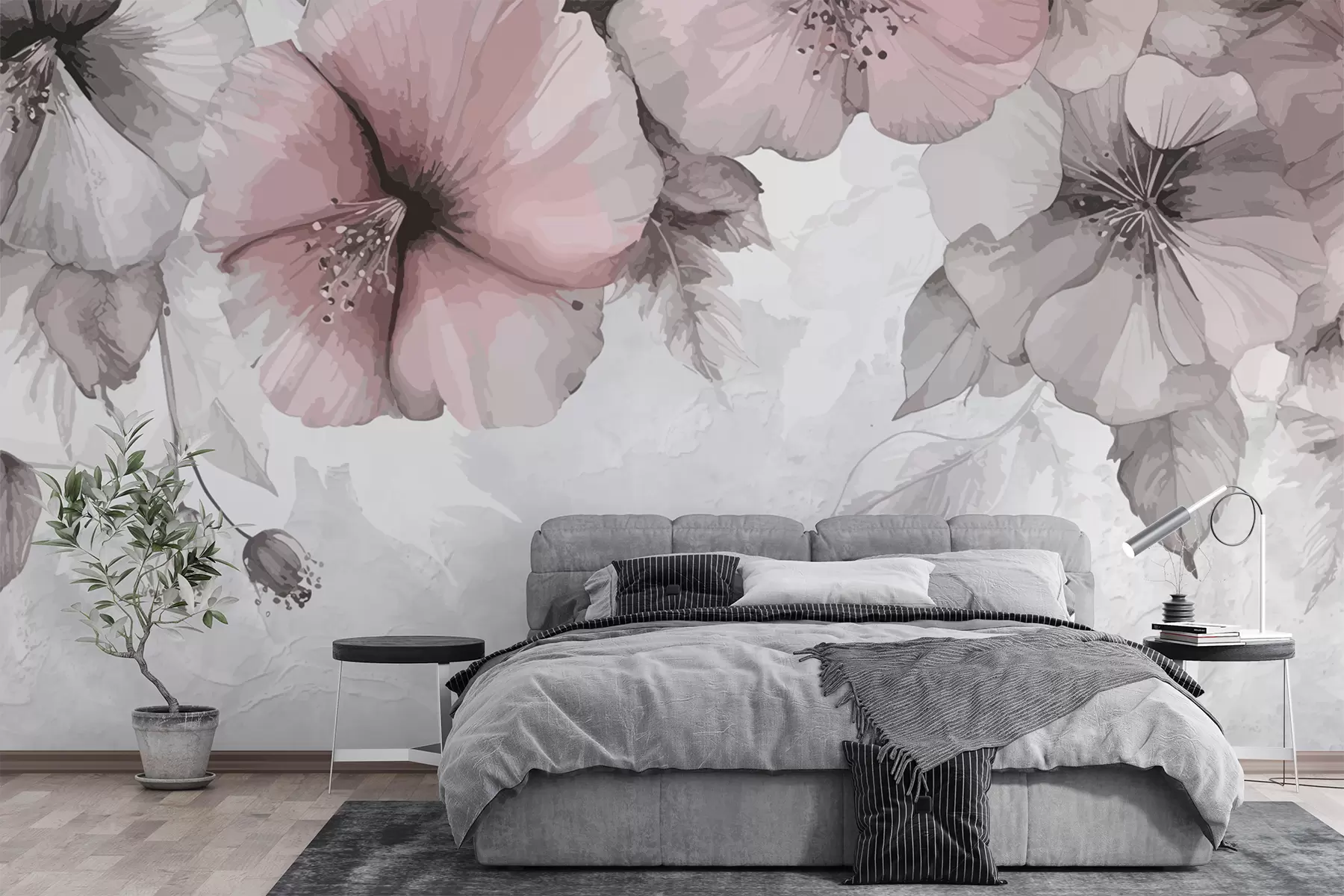 Фототапет големи сиво-розови цветя на бетонен фон w01401v1