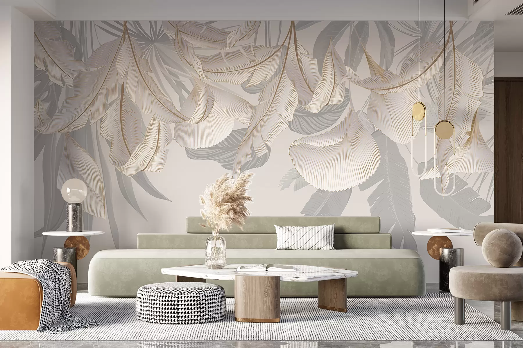 Фототапет Деликатни бели и сиви флорални тропически листа, създаващи мек, ефирен фон w08217