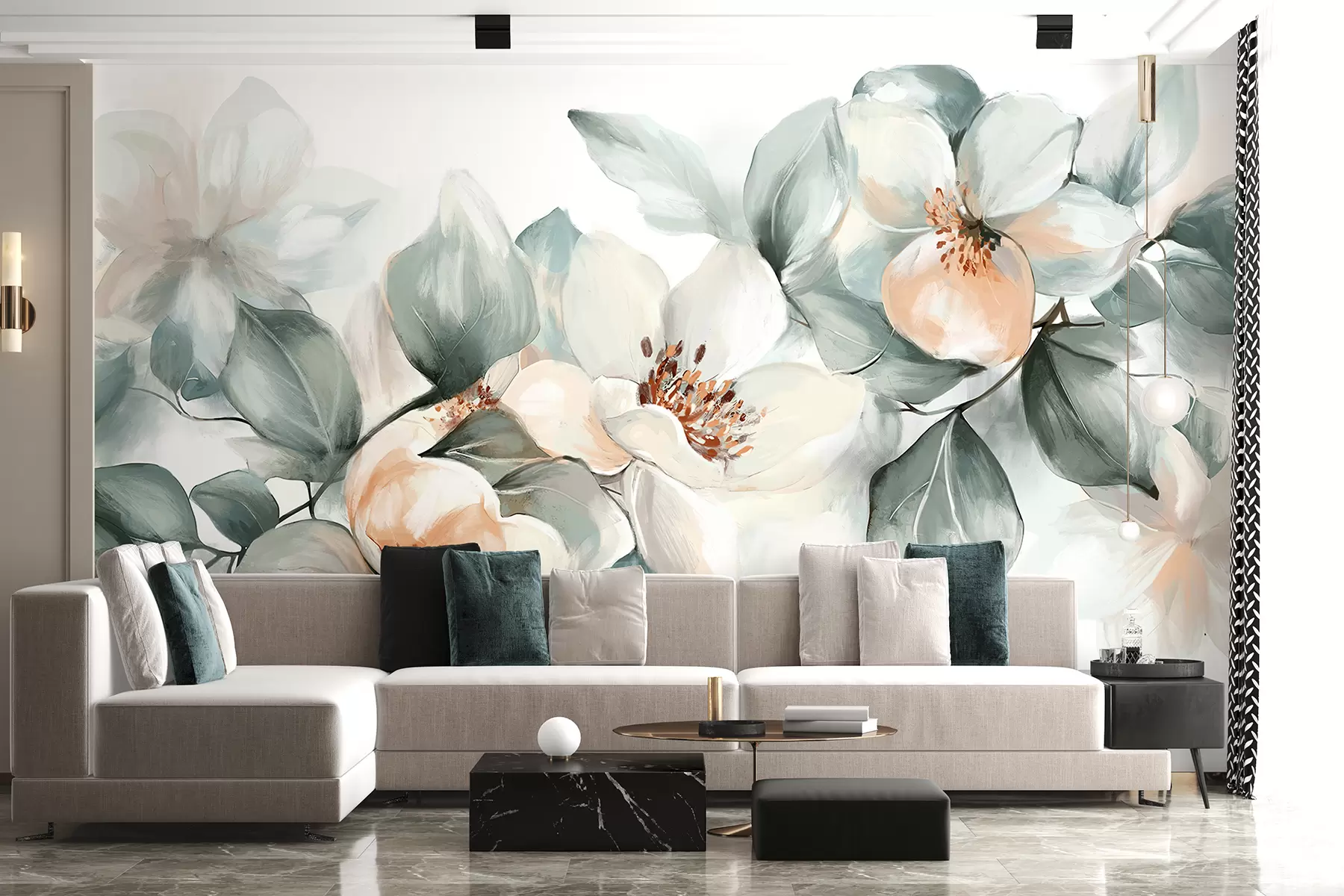 Фототапет Деликатни бели и розови цветя на магнолия с меки зелени листа на светъл фон w08220