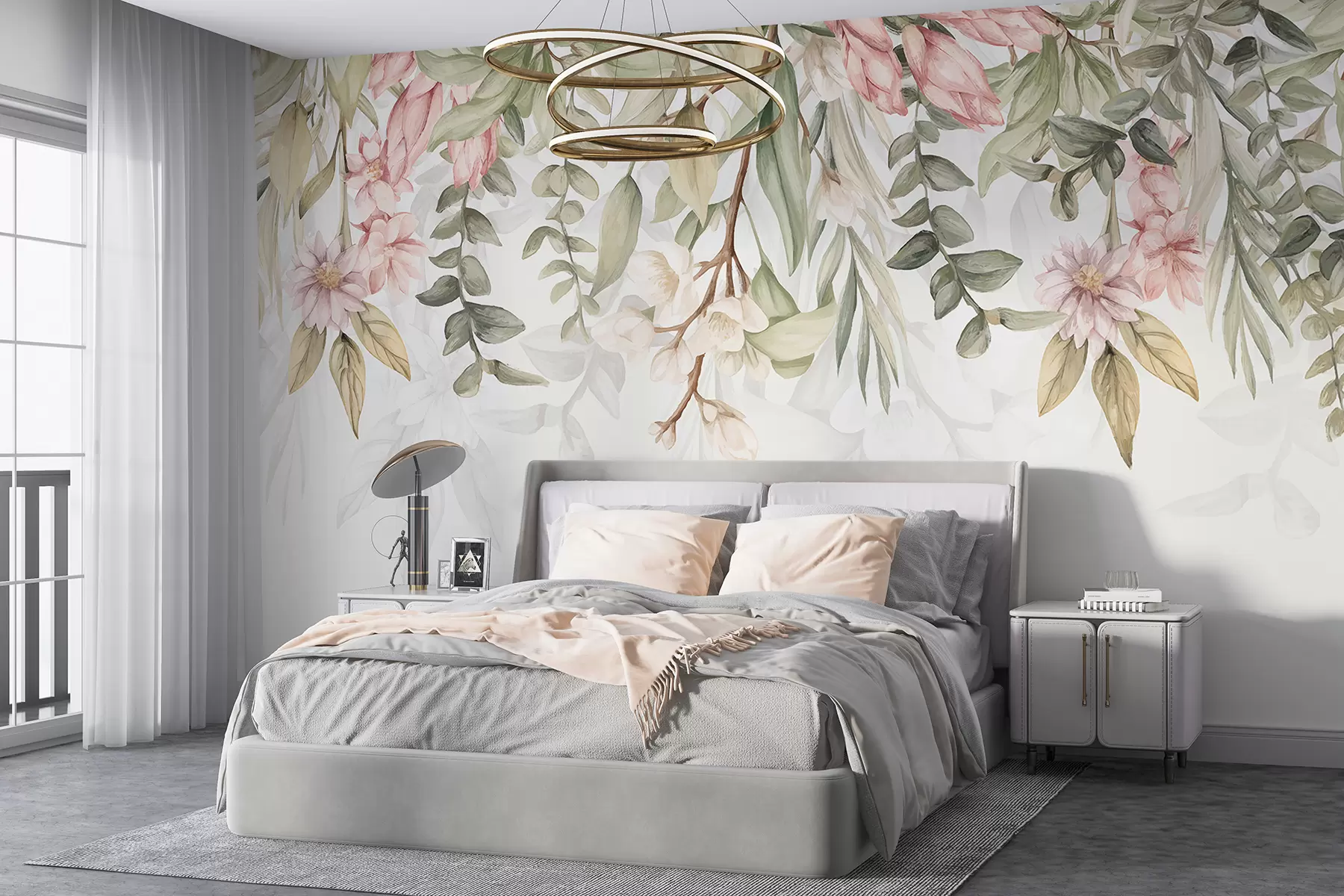 Фототапет Нежни розови и бели цветя със зелени листа и стъбла на светъл фон w08222