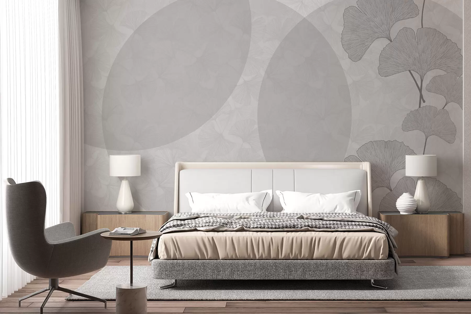 Фототапет Големи листа от гинко и геометричен сив цвят w01465v3