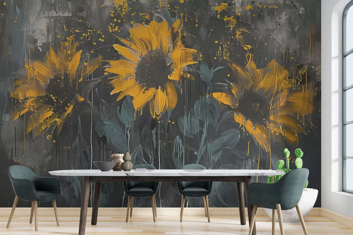 Фототапет Абстрактна картина на слънчогледи, тъмно сив фон и жълти тонове w01480