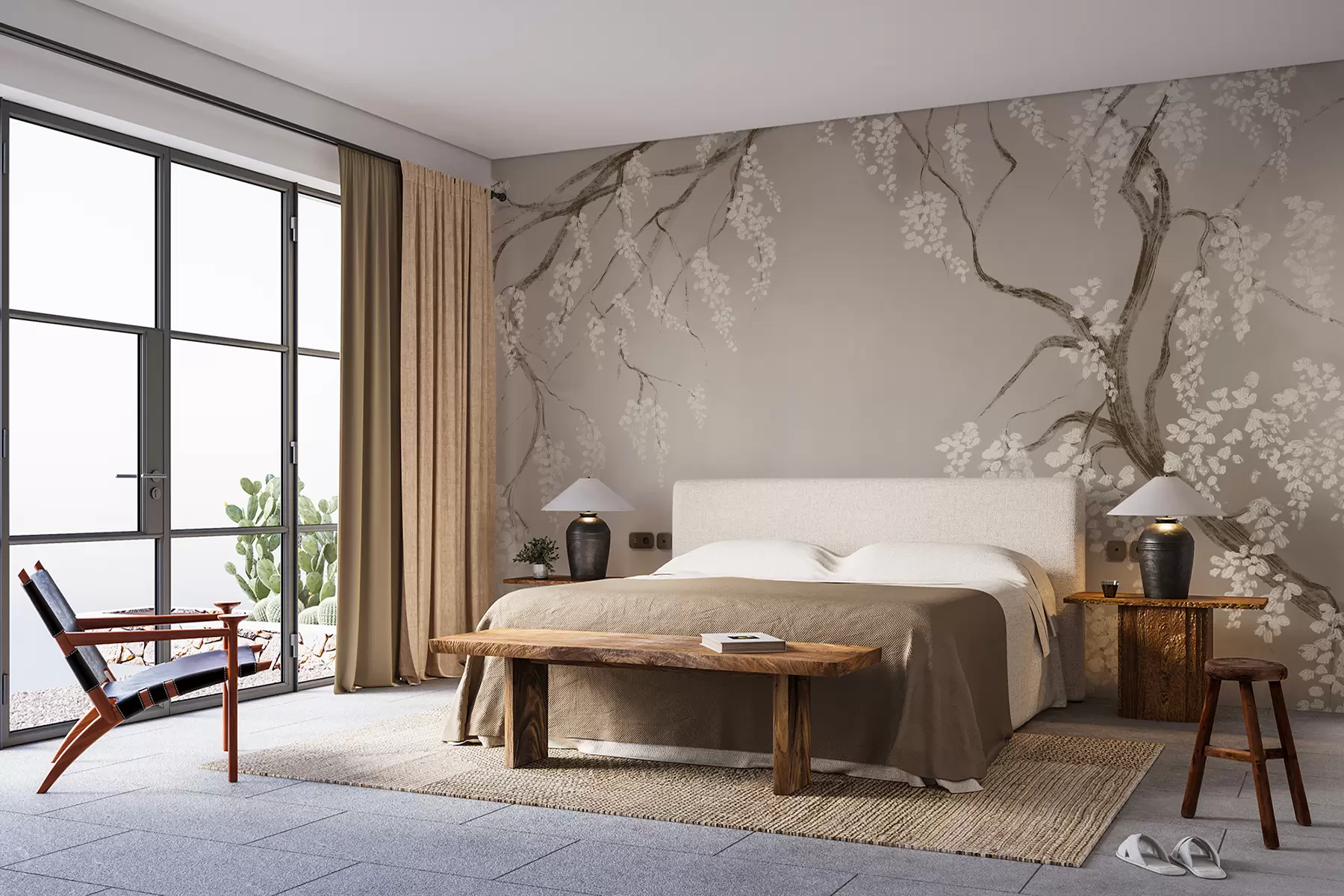 Фототапет Деликатно бяло черешово дърво с цъфтящи цветя, цъфтящи на клони на бежов фон w08243