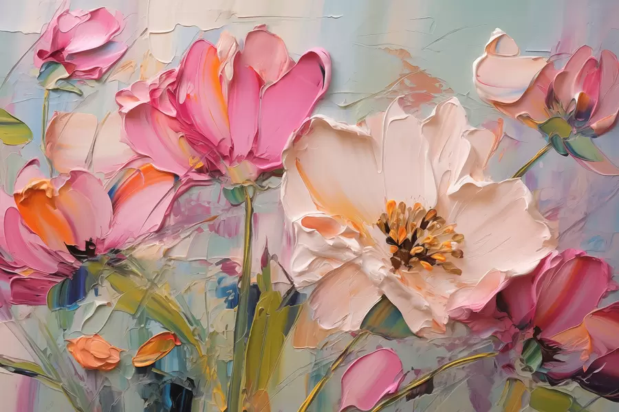 Фототапет Ярко розови цветя на светло син сив фон w01039