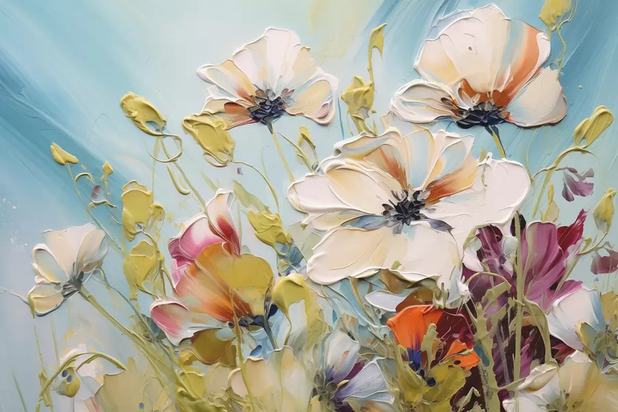 Фототапет Абстрактни бели макове на син фон, имитация на щрихи с боя w01043