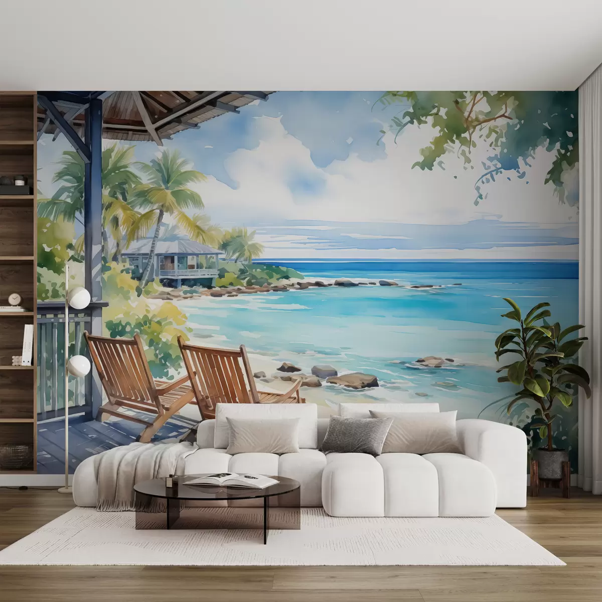 Фототапет Столове на терасата на вила на брега на морето акварел w01055