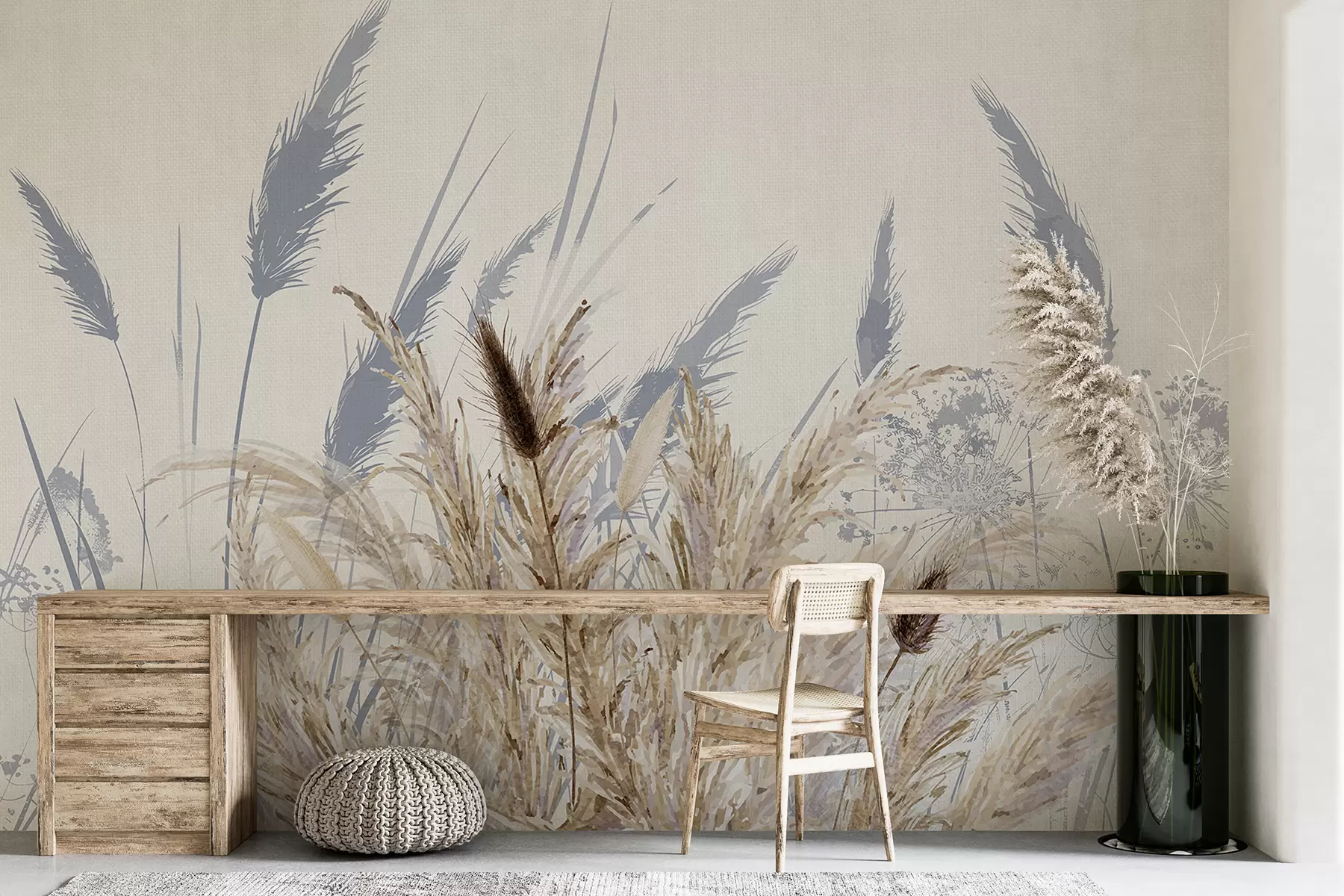 Фототапет Високи стръкове пшеница и трева с пухкави бели пера на светъл фон w08282