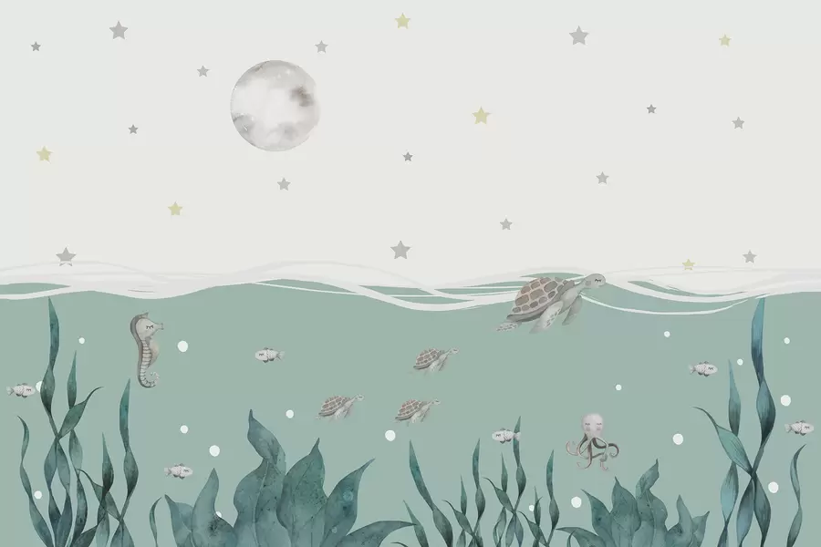 Фототапет Морски мотив с костенурки, водно конче, риба и пълна луна w01521