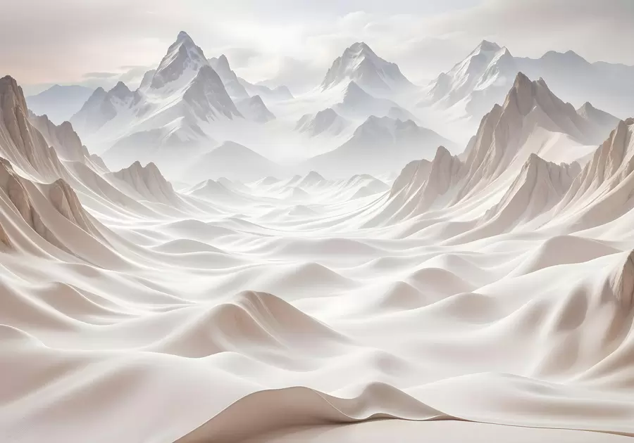 Фототапет Заснежени планински върхове, изникващи от мъглив, ефирен пейзаж с хълмове и долини w08313