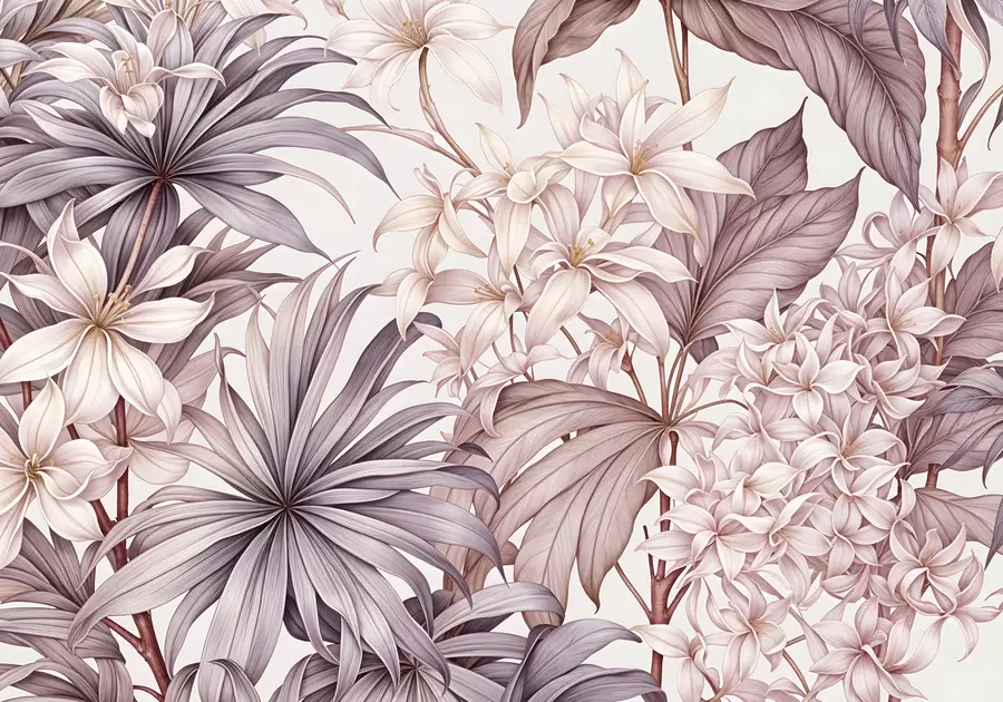 Фототапет Тропически флорален принт с големи бели и светлорозови цветя, листа от бордо и неутрален фон w08318v1