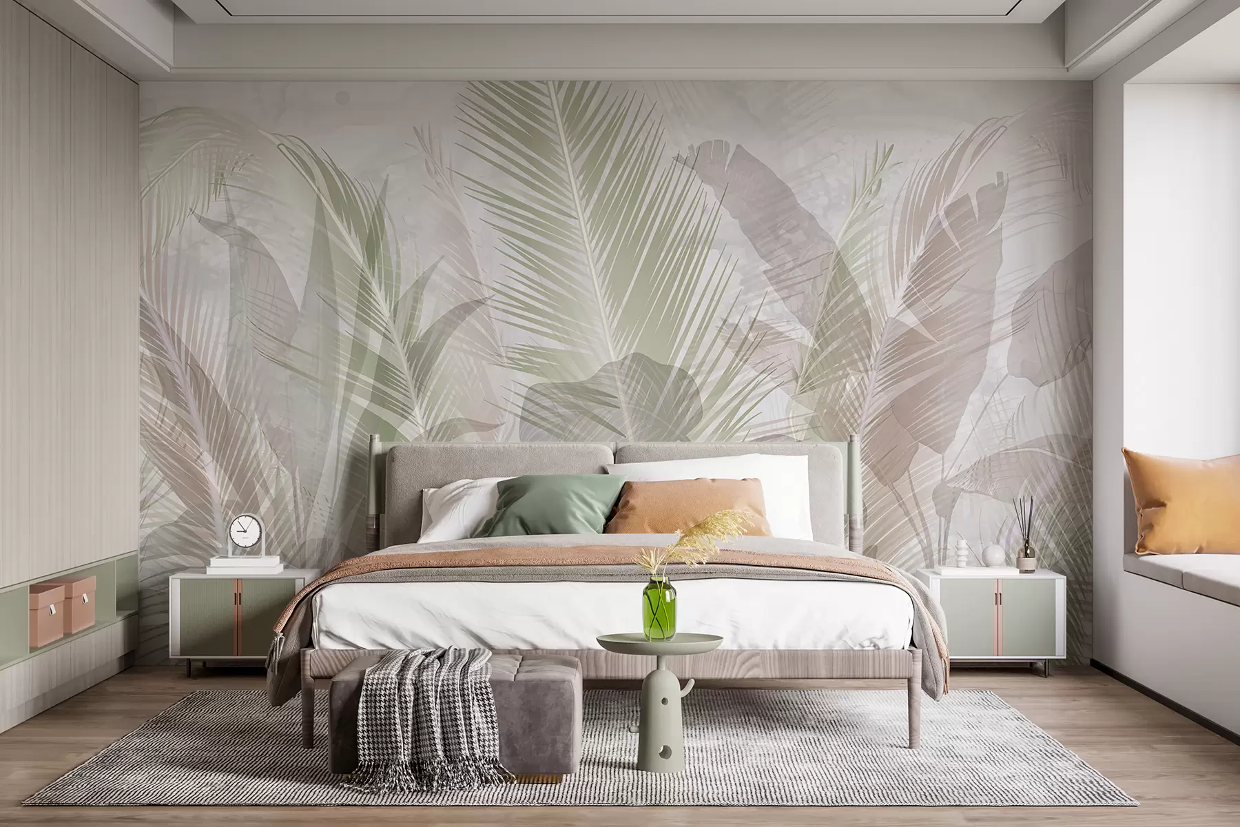 Фототапет Тропически палмови листа в меки пастелни цветове, с размазан и замъглен текстуриран фон w08326