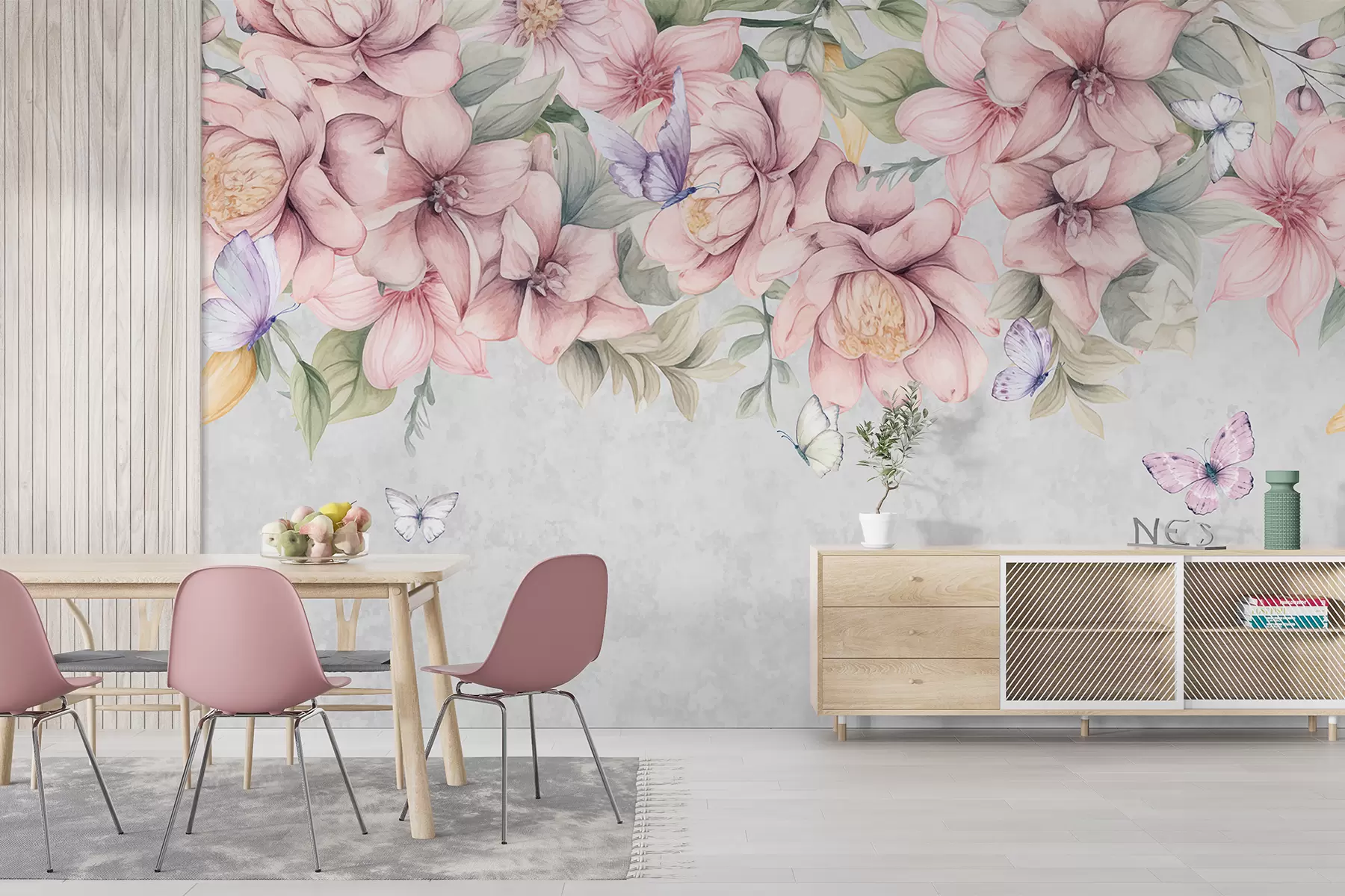 Фототапет Нежни розови и бели цветя с деликатни цветя и листа върху текстуриран сив фон w08331