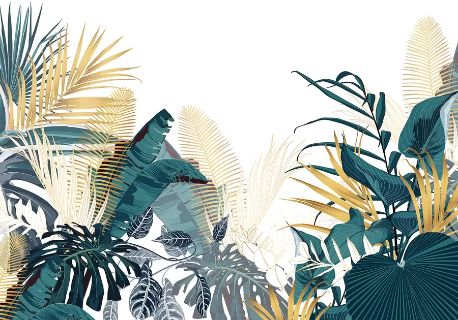 Фототапет Тропическа пищна зелена растителност, включваща палмови листа, папрати и други екзотични растения в тъмнозелени и оранжеви цветове w08338