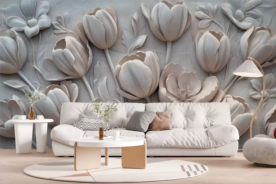 Фототапет 3D флорално изкуство с изящни лалета в сив цвят w01851v1