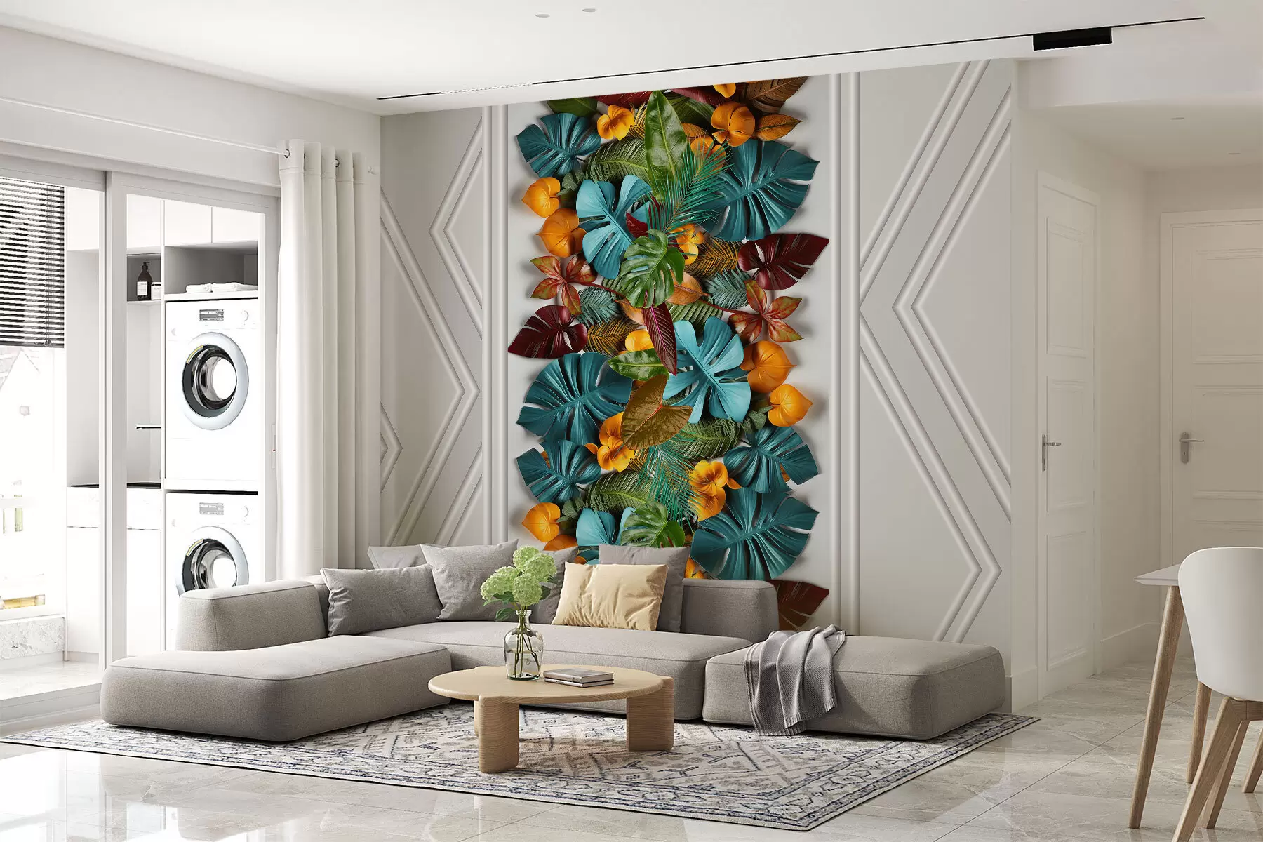 Фототапет 3D тапет с цветни тропически листа и геометрия на сив фон w01876