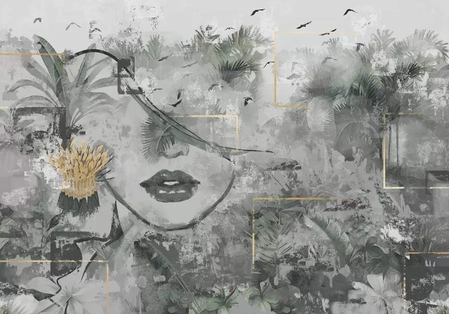 Фототапет Гръндж дъждовна гора и силует на лице на момиче w01916