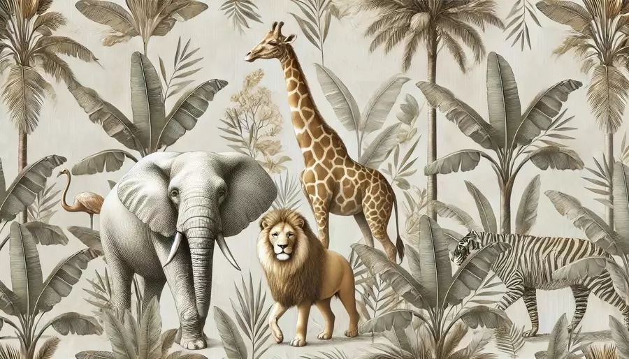 Фототапет Детски тапет Safari с тропически пейзаж и различни животни в елегантни цветове w01956
